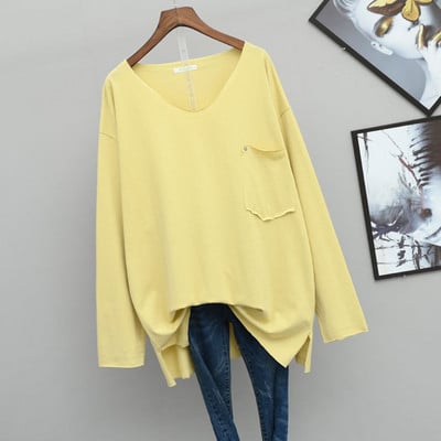 Jarné veľké voľné tričká s dlhým rukávom, dámske bavlnené tričká s výstrihom do V, ležérne tričko s krátkym rukávom, základné tričko s topmi a dlhým rukávom