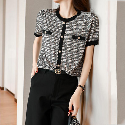 Elegantiški madingi megzti trumpomis rankovėmis megzti viršūnės, 2022 m. vasaros mygtukai, nertiniai, marškinėliai, moteriški drabužiai