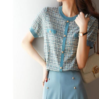 Elegantiški madingi megzti trumpomis rankovėmis megzti viršūnės, 2022 m. vasaros mygtukai, nertiniai, marškinėliai, moteriški drabužiai