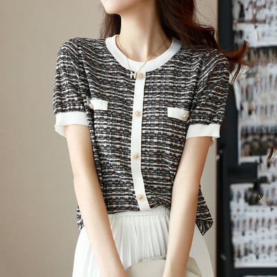 Elegantiški madingi megzti trumpomis rankovėmis megzti viršūnės, 2022 m. vasaros mygtukai, nertiniai, marškinėliai, moteriški drabužiai