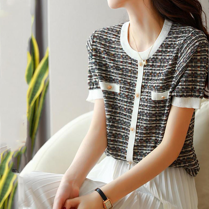 Elegantiški madingi megzti trumpomis rankovėmis megzti viršūnės, 2022 m. vasaros mygtukai, nertiniai, marškinėliai, moteriški drabužiai