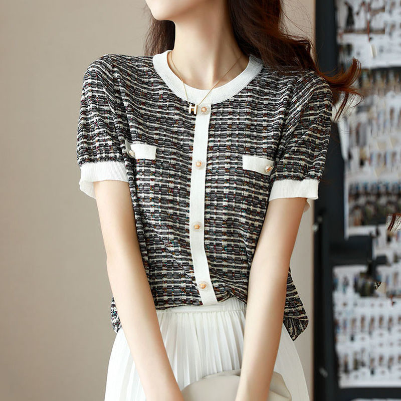 Elegantiški madingi megzti trumpomis rankovėmis megzti viršūnės, 2022 m. vasaros mygtukai, nertiniai, marškinėliai, moteriški drabužiai