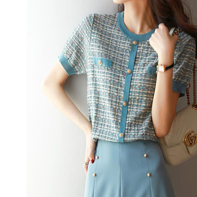 Elegantiški madingi megzti trumpomis rankovėmis megzti viršūnės, 2022 m. vasaros mygtukai, nertiniai, marškinėliai, moteriški drabužiai