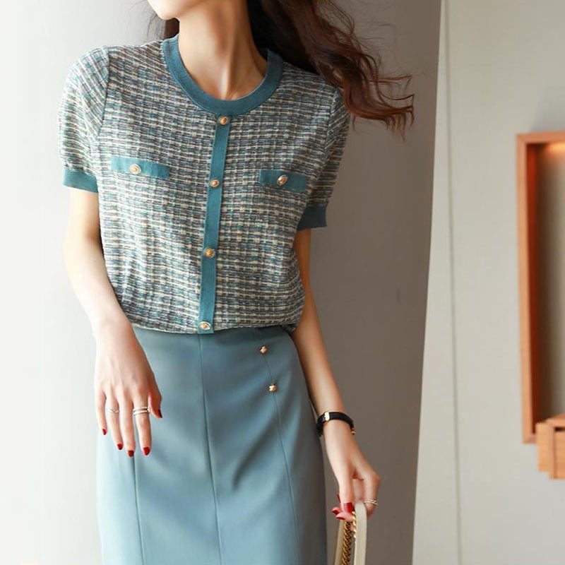 Elegantiški madingi megzti trumpomis rankovėmis megzti viršūnės, 2022 m. vasaros mygtukai, nertiniai, marškinėliai, moteriški drabužiai