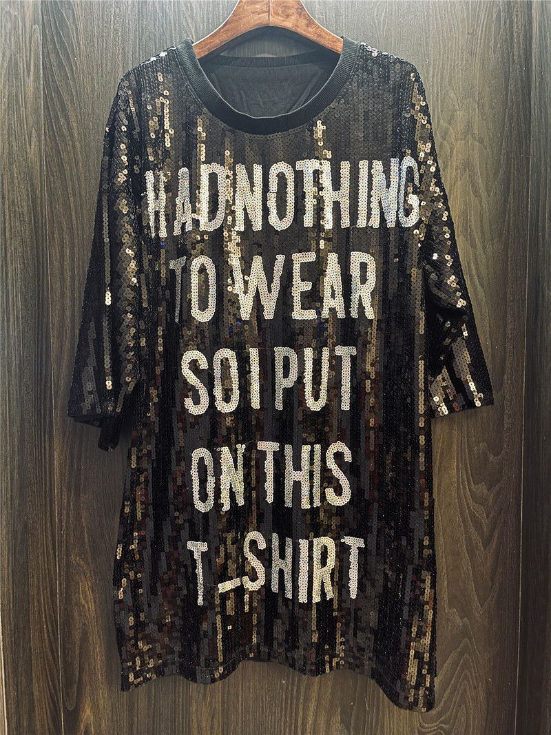 Vasaros naujos raidės su blizgučiais, laisvi marškinėliai, moteriški pusrankoviai, aukštos kokybės naktinio klubo moteriški gatvių drabužiai, hiphopo viršūnės