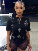 Sifreyr Tricou casual negru imprimat cu cruce pentru femei, la modă, cu diamante, cu decolteu în V, tricouri cu mânecă scurtă, Harajuku Streerwear, Top lejer de vară