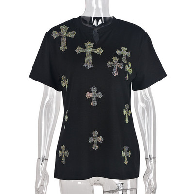 Sifreyr Tricou casual negru imprimat cu cruce pentru femei, la modă, cu diamante, cu decolteu în V, tricouri cu mânecă scurtă, Harajuku Streerwear, Top lejer de vară
