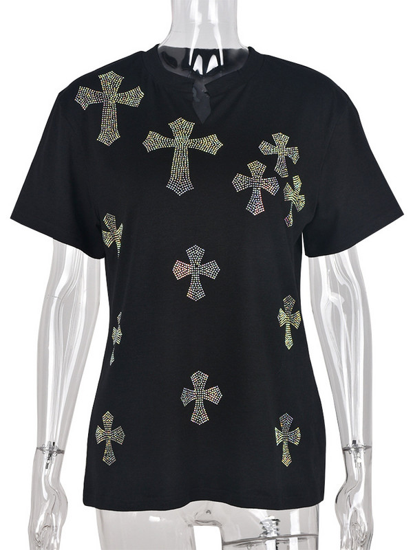 Sifreyr Tricou casual negru imprimat cu cruce pentru femei, la modă, cu diamante, cu decolteu în V, tricouri cu mânecă scurtă, Harajuku Streerwear, Top lejer de vară