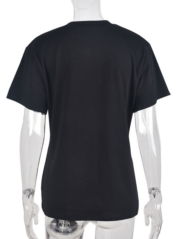 Sifreyr Tricou casual negru imprimat cu cruce pentru femei, la modă, cu diamante, cu decolteu în V, tricouri cu mânecă scurtă, Harajuku Streerwear, Top lejer de vară