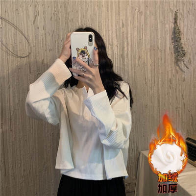 Hosszú ujjú pólók Női Solid Harajuku Alap tavaszi őszi laza vastagodó ins Női ruházat O-nyakú egyszerű pólók napi meleg