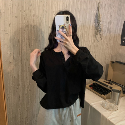 Hosszú ujjú pólók Női Solid Harajuku Alap tavaszi őszi laza vastagodó ins Női ruházat O-nyakú egyszerű pólók napi meleg