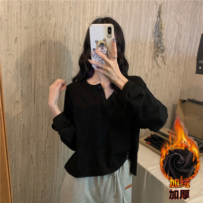 Hosszú ujjú pólók Női Solid Harajuku Alap tavaszi őszi laza vastagodó ins Női ruházat O-nyakú egyszerű pólók napi meleg