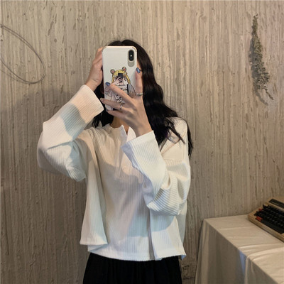 Hosszú ujjú pólók Női Solid Harajuku Alap tavaszi őszi laza vastagodó ins Női ruházat O-nyakú egyszerű pólók napi meleg