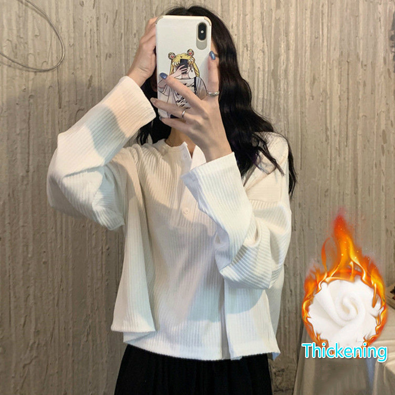 Hosszú ujjú pólók Női Solid Harajuku Alap tavaszi őszi laza vastagodó ins Női ruházat O-nyakú egyszerű pólók napi meleg