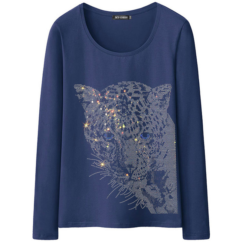 Shining Rhinestone Diamond marškinėliai Dydis Moteriški laisvalaikio viršūnės su leopardo galvute marginti visomis rankovėmis marškinėliai su megztiniais marškinėliais