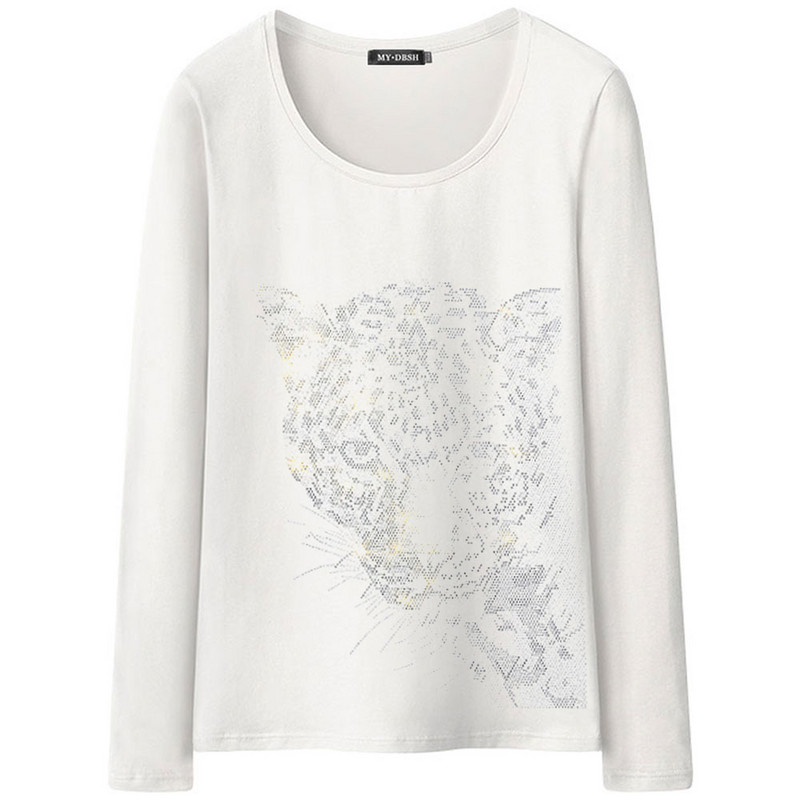 Shining Rhinestone Diamond marškinėliai Dydis Moteriški laisvalaikio viršūnės su leopardo galvute marginti visomis rankovėmis marškinėliai su megztiniais marškinėliais