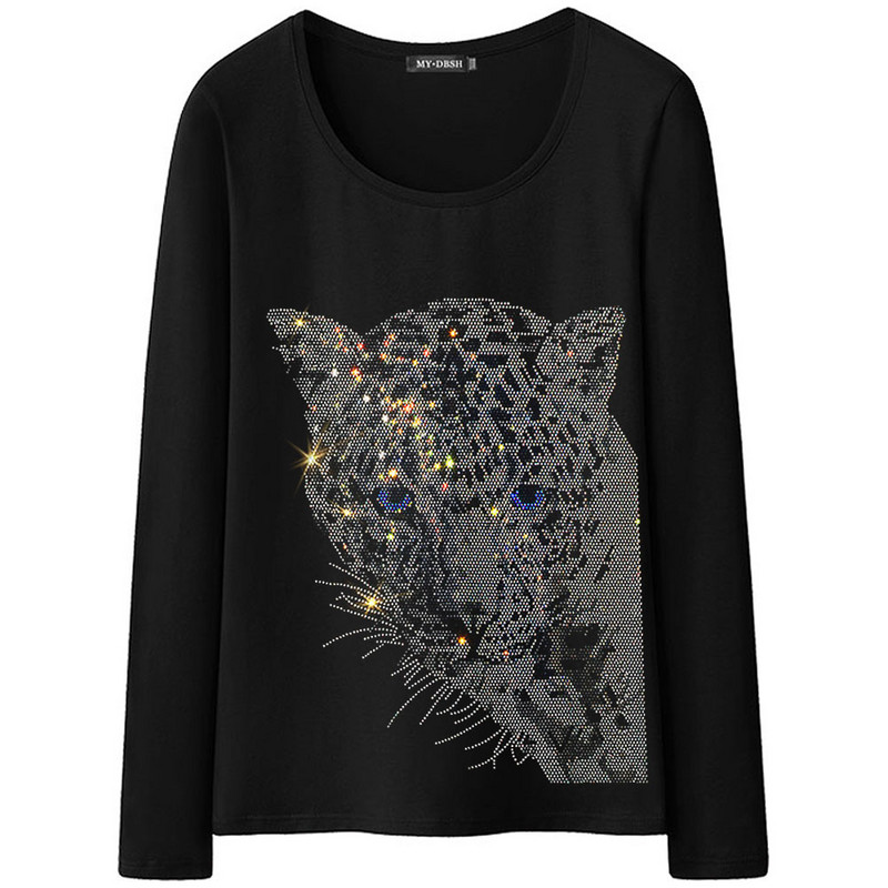 Shining Rhinestone Diamond marškinėliai Dydis Moteriški laisvalaikio viršūnės su leopardo galvute marginti visomis rankovėmis marškinėliai su megztiniais marškinėliais