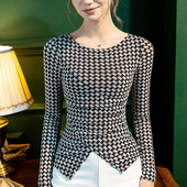 Hálós kockás hosszú ujjú póló 2022 tavaszi és őszi új fényes selyem kockás alsó ing női hasított felső Harajuku Y2k felső