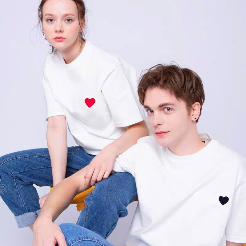 O kaklo megztinis trumpomis rankovėmis marškinėliai Moteriški širdies raštai Laisvi Lovers Medvilniniai marškinėliai Vasariniai Nauji Priežastiniai Laukiniai Moteriški Topai