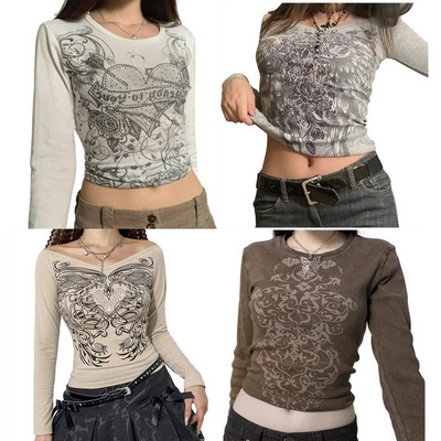 Moteriški vintažiniai drabužiai marškinėliai „Crop Tops“ megztiniai „y2k“ drabužiai, 2022 m. rudenį, naujausios mados „Goth“ grafiniai „Harajuku“ marškinėliai ilgomis rankovėmis