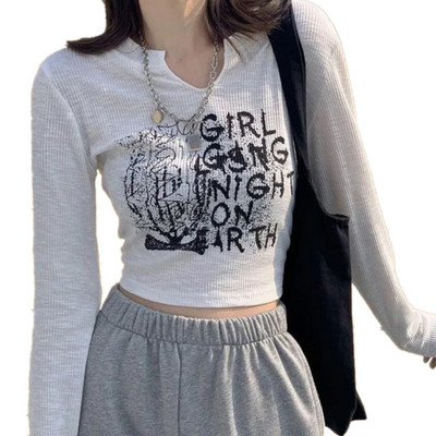 Moteriški vintažiniai drabužiai marškinėliai „Crop Tops“ megztiniai „y2k“ drabužiai, 2022 m. rudenį, naujausios mados „Goth“ grafiniai „Harajuku“ marškinėliai ilgomis rankovėmis