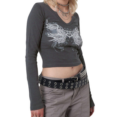 Moteriški vintažiniai drabužiai marškinėliai „Crop Tops“ megztiniai „y2k“ drabužiai, 2022 m. rudenį, naujausios mados „Goth“ grafiniai „Harajuku“ marškinėliai ilgomis rankovėmis