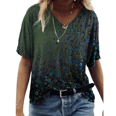 2021 m. senoviniai moteriški gėlių rašto marškinėliai, kasdieniai trumpomis rankovėmis trumpomis rankovėmis V formos iškirpte, moteriški negabaritiniai viršutiniai 3D abstrakčioji gatvės aprangos dydis