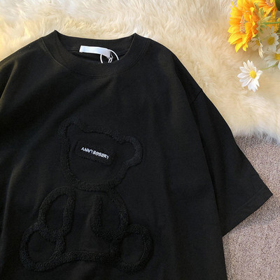 Minimalista bolyhos hímzés Bear Street Ins Laza, nagyméretű, rövid ujjú női póló 2021 nyári harajuku alkalmi póló