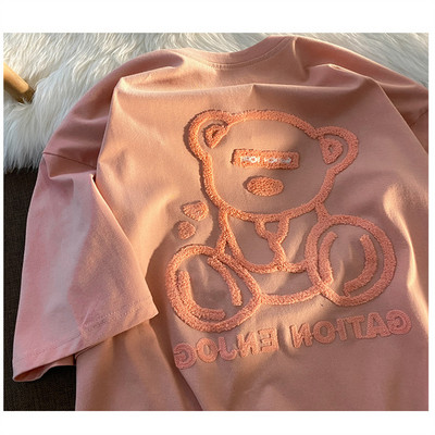 Minimalista bolyhos hímzés Bear Street Ins Laza, nagyméretű, rövid ujjú női póló 2021 nyári harajuku alkalmi póló