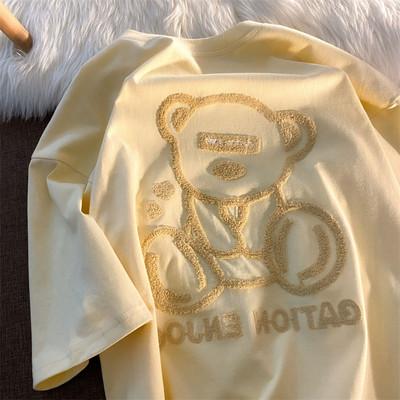 Minimalista bolyhos hímzés Bear Street Ins Laza, nagyméretű, rövid ujjú női póló 2021 nyári harajuku alkalmi póló