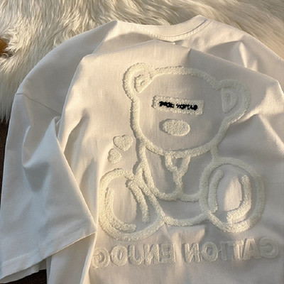 Minimalista bolyhos hímzés Bear Street Ins Laza, nagyméretű, rövid ujjú női póló 2021 nyári harajuku alkalmi póló