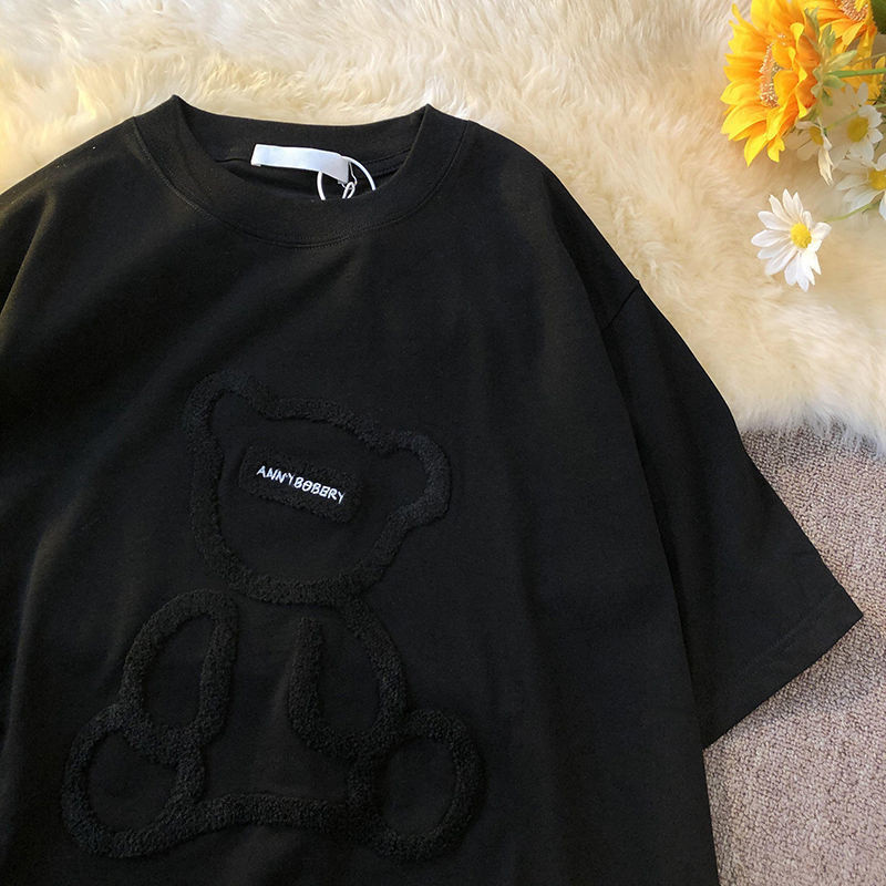 Minimalista bolyhos hímzés Bear Street Ins Laza, nagyméretű, rövid ujjú női póló 2021 nyári harajuku alkalmi póló