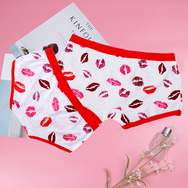 Set de chiloți pentru cuplu de modă 2 buc Boxeri pentru bărbați Pantaloni scurți din bumbac amuzant Sexy Kiss Lips Lenjerie de corp pentru femei Chiloți de dragoste