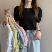 Tricouri elegante cu mâneci bufante scurte pentru femei Aimple Topuri de vară cu decolteu în formă de O pentru femei Color caramelă Tricouri toate asortate Office Lady 2022