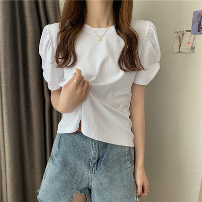 Tricouri elegante cu mâneci bufante scurte pentru femei Aimple Topuri de vară cu decolteu în formă de O pentru femei Color caramelă Tricouri toate asortate Office Lady 2022