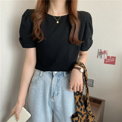 Tricouri elegante cu mâneci bufante scurte pentru femei Aimple Topuri de vară cu decolteu în formă de O pentru femei Color caramelă Tricouri toate asortate Office Lady 2022