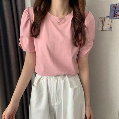 Tricouri elegante cu mâneci bufante scurte pentru femei Aimple Topuri de vară cu decolteu în formă de O pentru femei Color caramelă Tricouri toate asortate Office Lady 2022