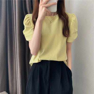 Tricouri elegante cu mâneci bufante scurte pentru femei Aimple Topuri de vară cu decolteu în formă de O pentru femei Color caramelă Tricouri toate asortate Office Lady 2022