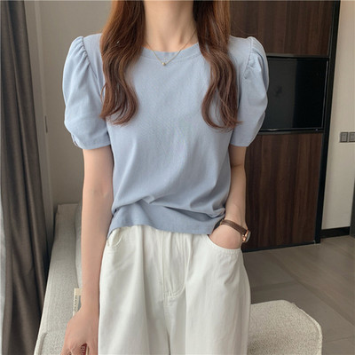 Tricouri elegante cu mâneci bufante scurte pentru femei Aimple Topuri de vară cu decolteu în formă de O pentru femei Color caramelă Tricouri toate asortate Office Lady 2022