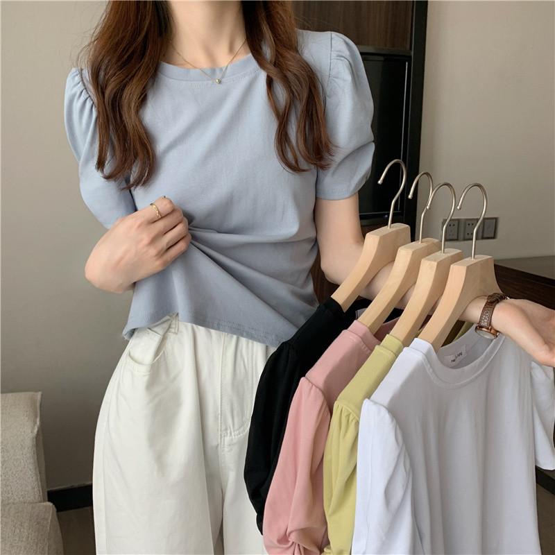 Tricouri elegante cu mâneci bufante scurte pentru femei Aimple Topuri de vară cu decolteu în formă de O pentru femei Color caramelă Tricouri toate asortate Office Lady 2022