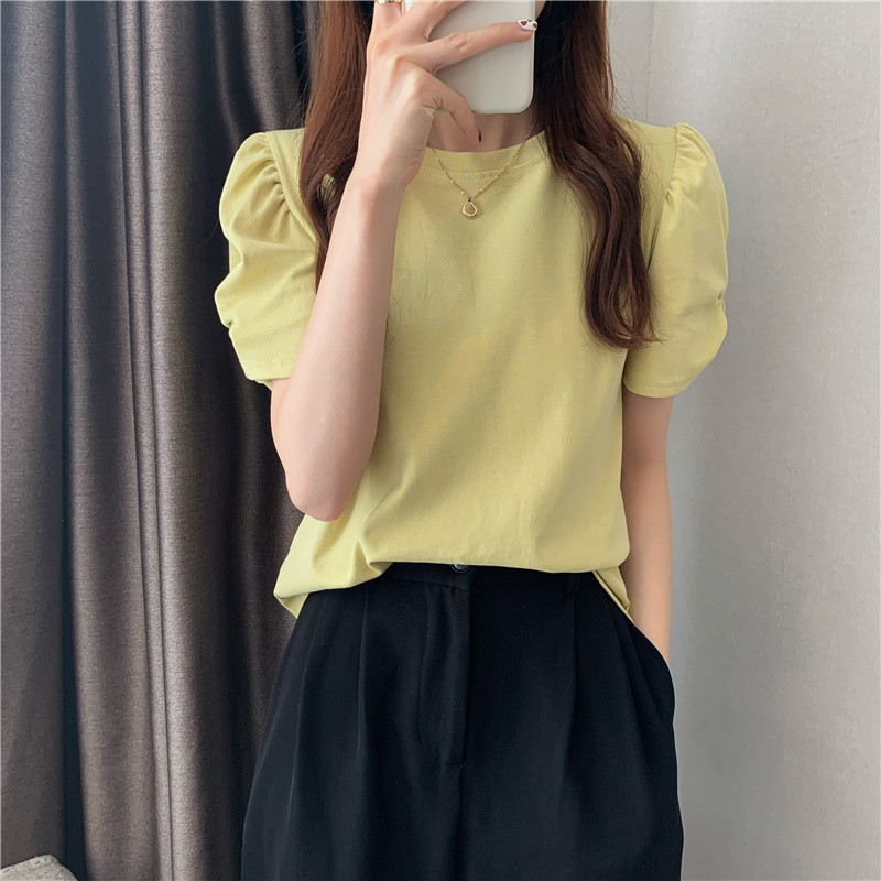 Tricouri elegante cu mâneci bufante scurte pentru femei Aimple Topuri de vară cu decolteu în formă de O pentru femei Color caramelă Tricouri toate asortate Office Lady 2022