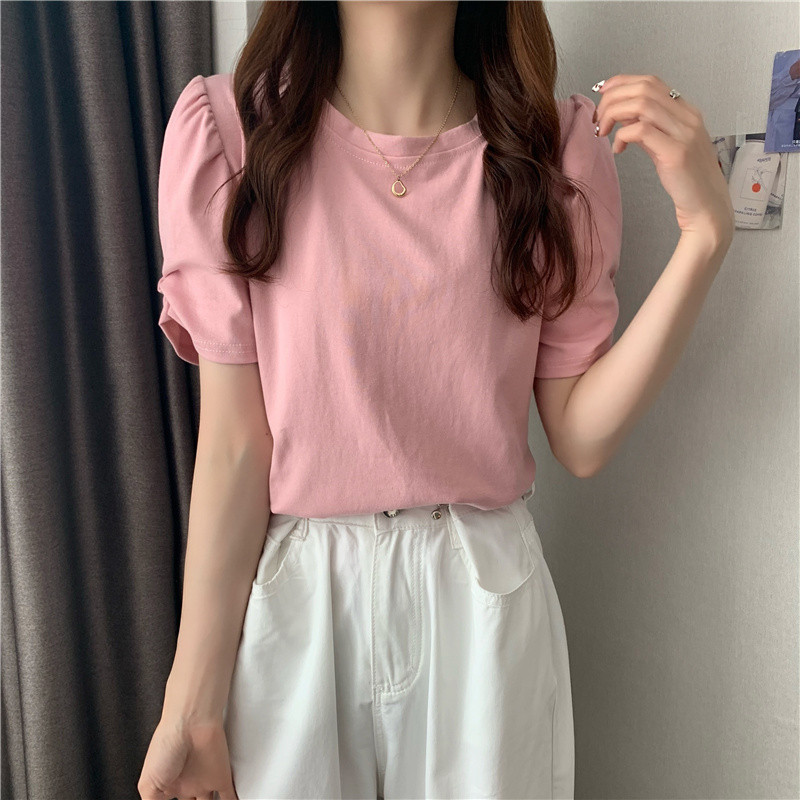 Tricouri elegante cu mâneci bufante scurte pentru femei Aimple Topuri de vară cu decolteu în formă de O pentru femei Color caramelă Tricouri toate asortate Office Lady 2022