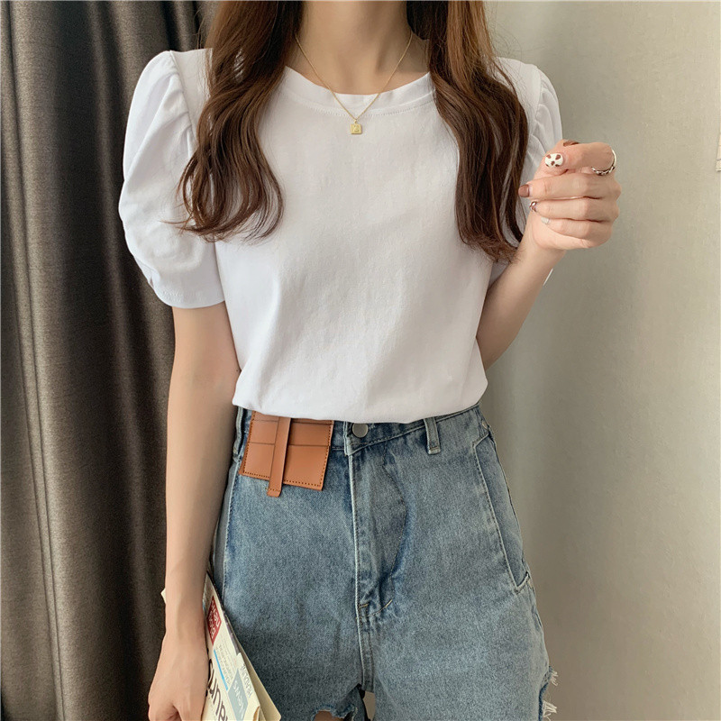 Tricouri elegante cu mâneci bufante scurte pentru femei Aimple Topuri de vară cu decolteu în formă de O pentru femei Color caramelă Tricouri toate asortate Office Lady 2022