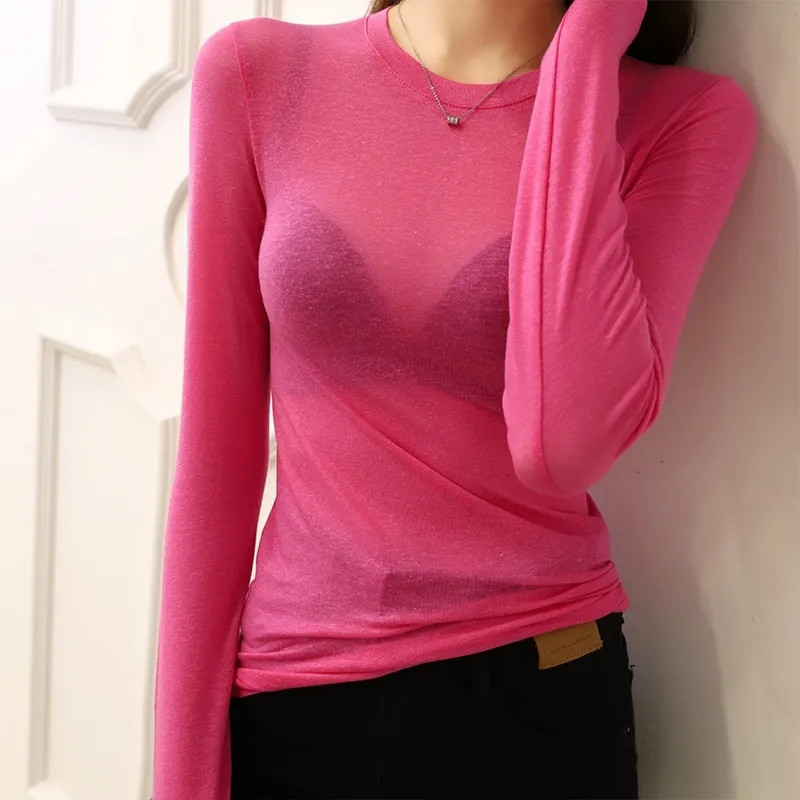 Alap tavaszi nyári pólók női 2022 hosszú ujjú, átlátszó póló magasan elasztikus, légáteresztő szexi póló Átlátszó