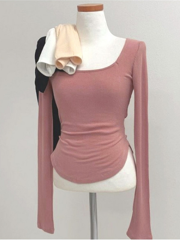 WOMENGAGA Korea 2021 nyár új négyzet nyakú mellkas derék Nőies temperamentum hosszú ujjú alsó póló póló póló felsők Z1ZK