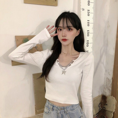 Pólók Női Tiszta Szín Koreai Népszerű Női Nyári Hosszú ujjú Karcsú Egyszerű Diák High Street Crops Lánctervezés Divat