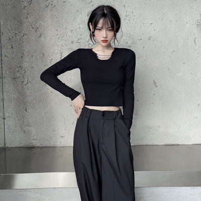 Pólók Női Tiszta Szín Koreai Népszerű Női Nyári Hosszú ujjú Karcsú Egyszerű Diák High Street Crops Lánctervezés Divat