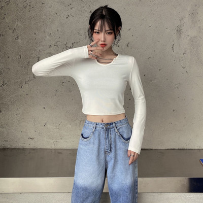 Pólók Női Tiszta Szín Koreai Népszerű Női Nyári Hosszú ujjú Karcsú Egyszerű Diák High Street Crops Lánctervezés Divat