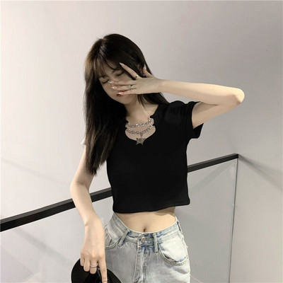 Pólók Női Tiszta Szín Koreai Népszerű Női Nyári Hosszú ujjú Karcsú Egyszerű Diák High Street Crops Lánctervezés Divat