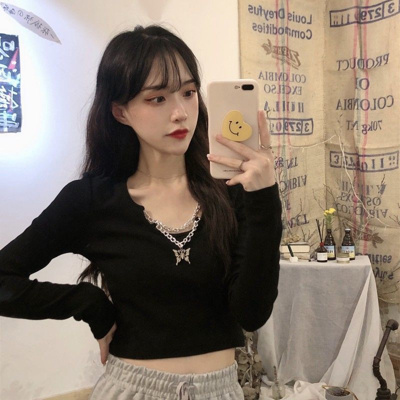 Pólók Női Tiszta Szín Koreai Népszerű Női Nyári Hosszú ujjú Karcsú Egyszerű Diák High Street Crops Lánctervezés Divat